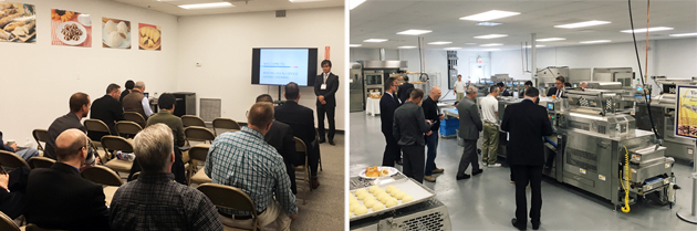 (Left) Rheon U.S.A.’s President, Kazuhiro Harada greeting our guests　 (Right) Introducing our new lab at the Opening Ceremony